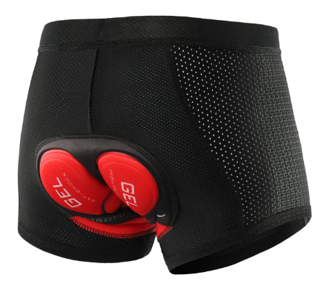 Black mesh cycling liner shorts with red internal gel pad shown for reference