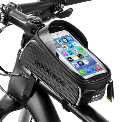 Bicycle phone storage bag, supplier-labelled Carbon black; phone and bicycle illustrate use