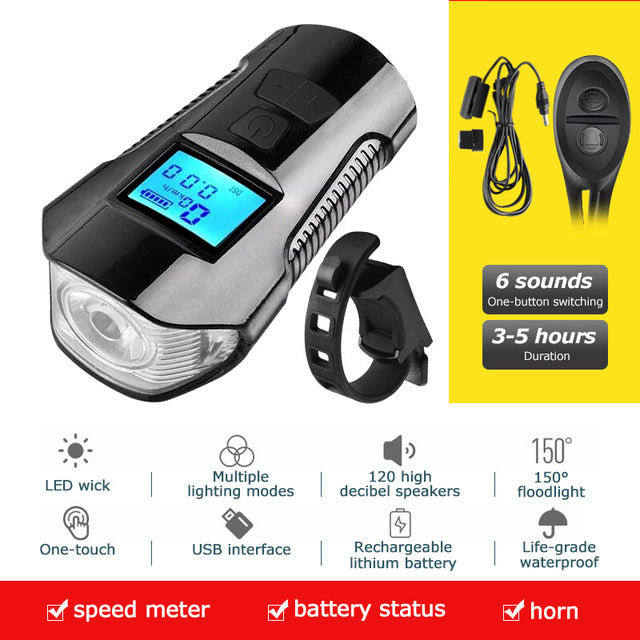 USB Rechargeable Front Bike Light with Cycle Computer — supplier product illustration