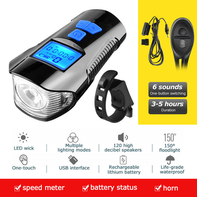 USB Rechargeable Front Bike Light with Cycle Computer — Blue Deluxe Edition option