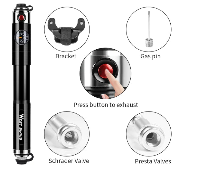 Mini High Pressure Bicycle Pump with Pressure Gauge