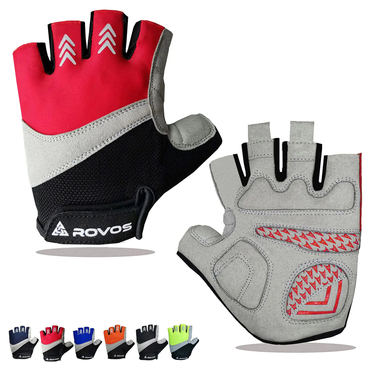 ROVOS Bike Gloves Men & Women Cycling Gloves Bicycle Gloves 5mm Absorbing Padded Half Finger Breathable Mountain Bike MTB Road Biking Gloves (Red Large)