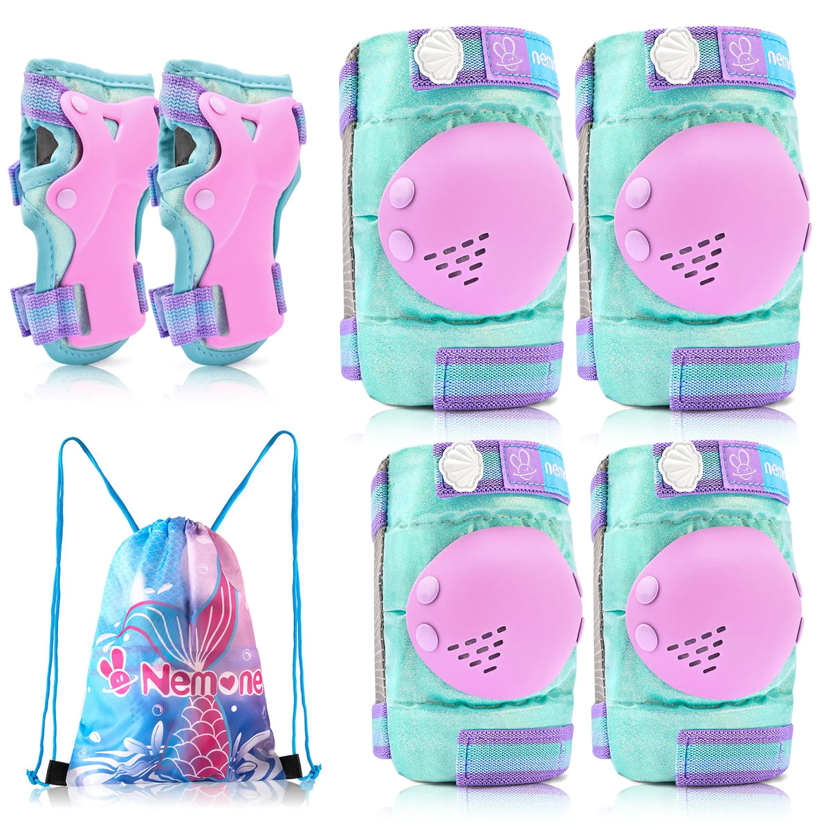 NEMONE Mermaid Knee Pads for Kids Girls Boys Knee Elbow Pads Wrist Guards with Drawstring Bag Adjustable Reflective Protective Gear Set for Roller Skates Bike Cycling Skateboard Scooter