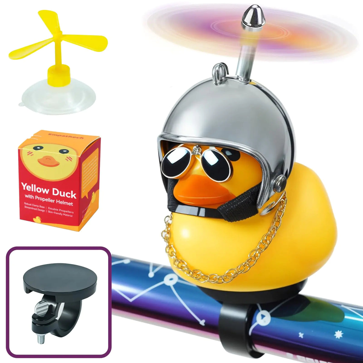 EMPATHECH Rubber Duck Bike Decorations [New Stable Clamp Mount] Cute Squeak Duck Bike Bell [Two Helmet Propeller] Funny Bike Accessories e Scooter Accessories Motorcycle Accessories Cycling Gifts