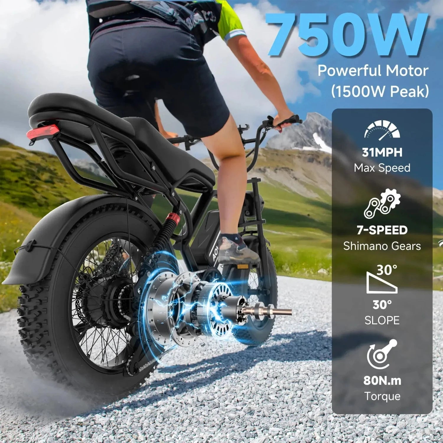 AOVOPRO AP20 Electric Bike Fat Tyre Dual Suspension with Back Seat up to 50 Km/h
