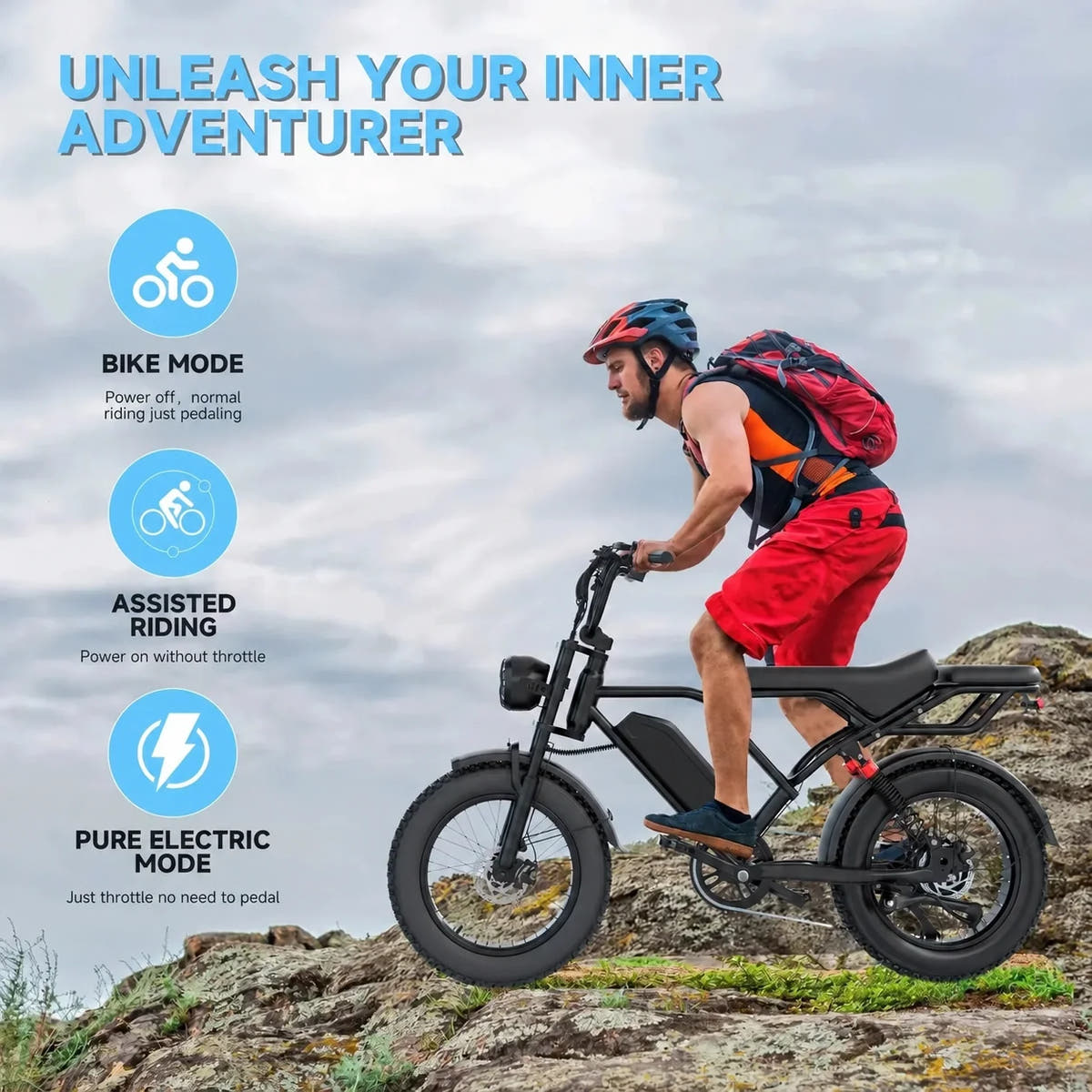 Rider on an AOVO AP20 with plain battery case alongside riding mode descriptions