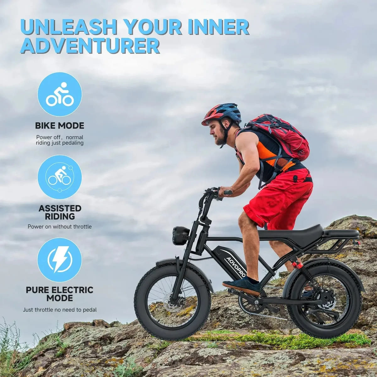 AOVOPRO AP20 Electric Bike Fat Tyre Dual Suspension with Back Seat up to 50 Km/h