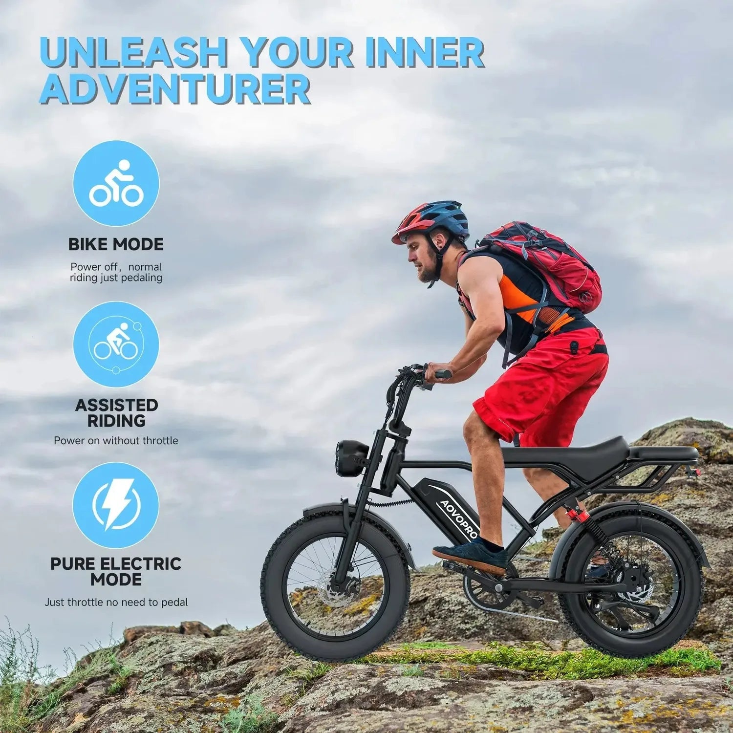 AOVOPRO AP20 Electric Bike Fat Tyre Dual Suspension with Back Seat up to 50 Km/h