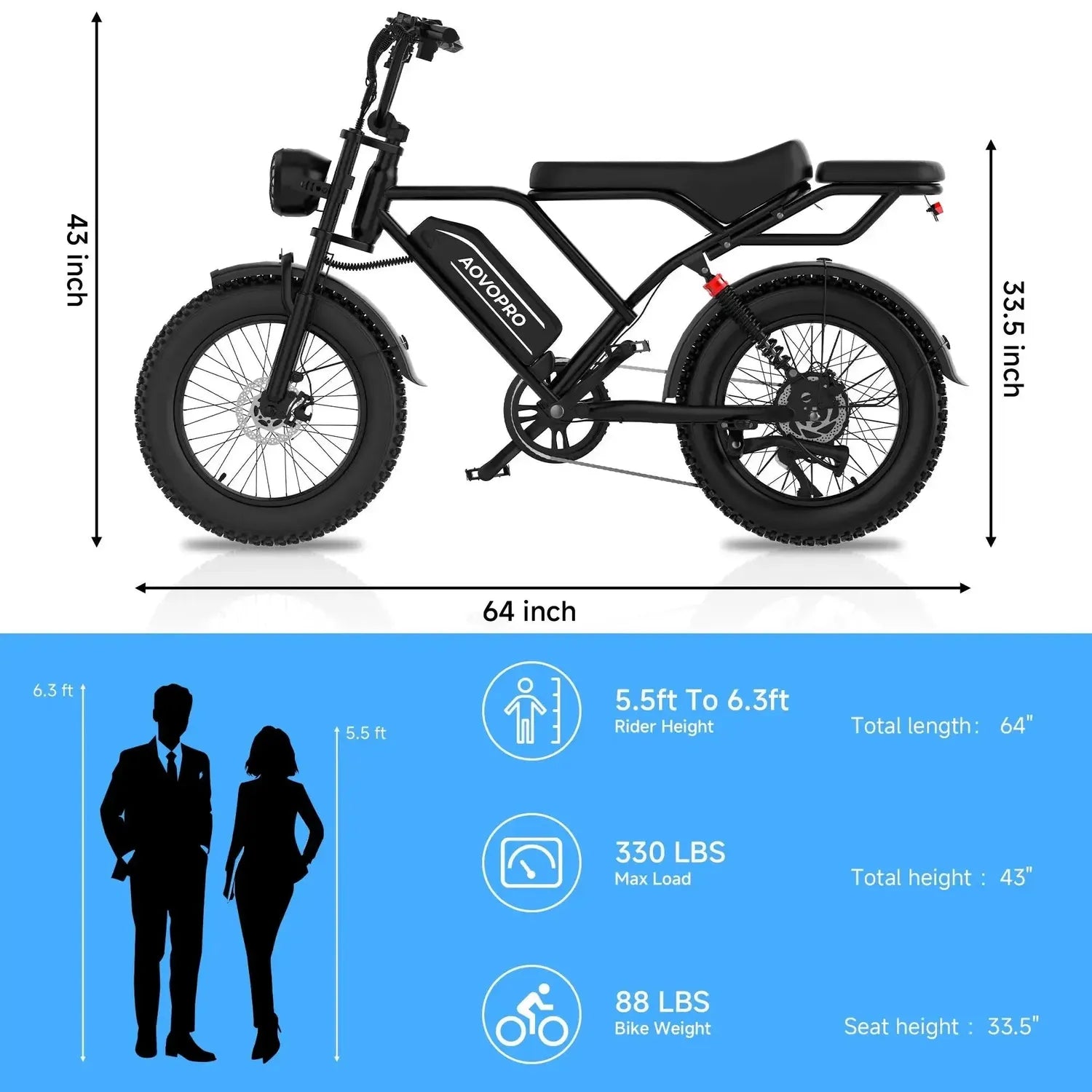 AOVOPRO AP20 Electric Bike Fat Tyre Dual Suspension with Back Seat up to 50 Km/h