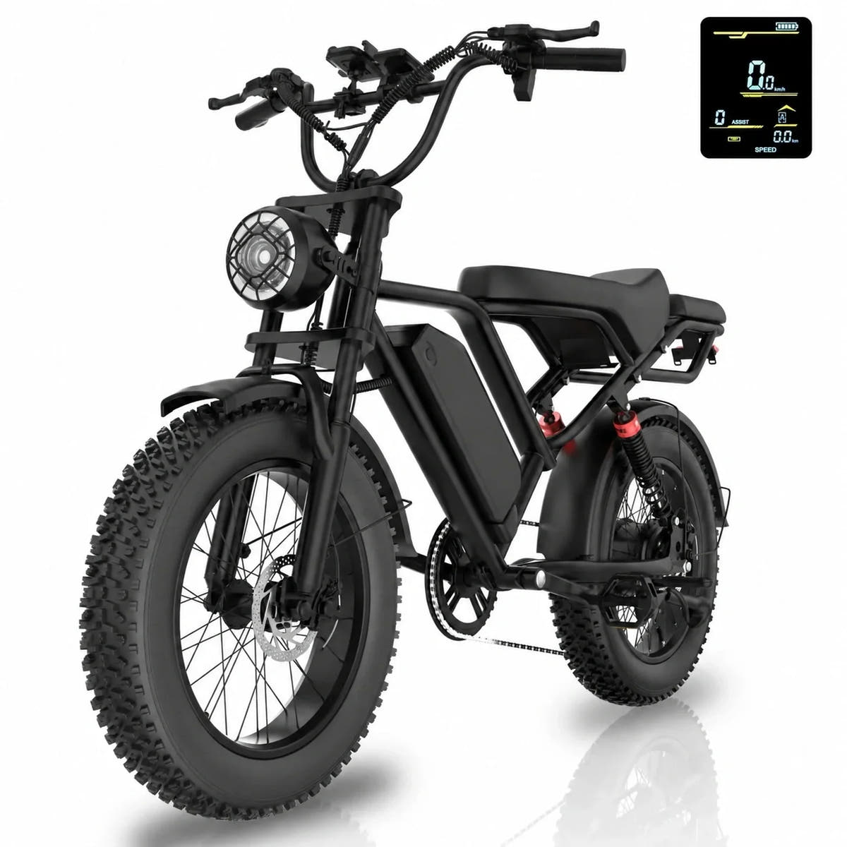 AOVO AP20 black fat tyre electric bike with plain battery case and LCD display inset