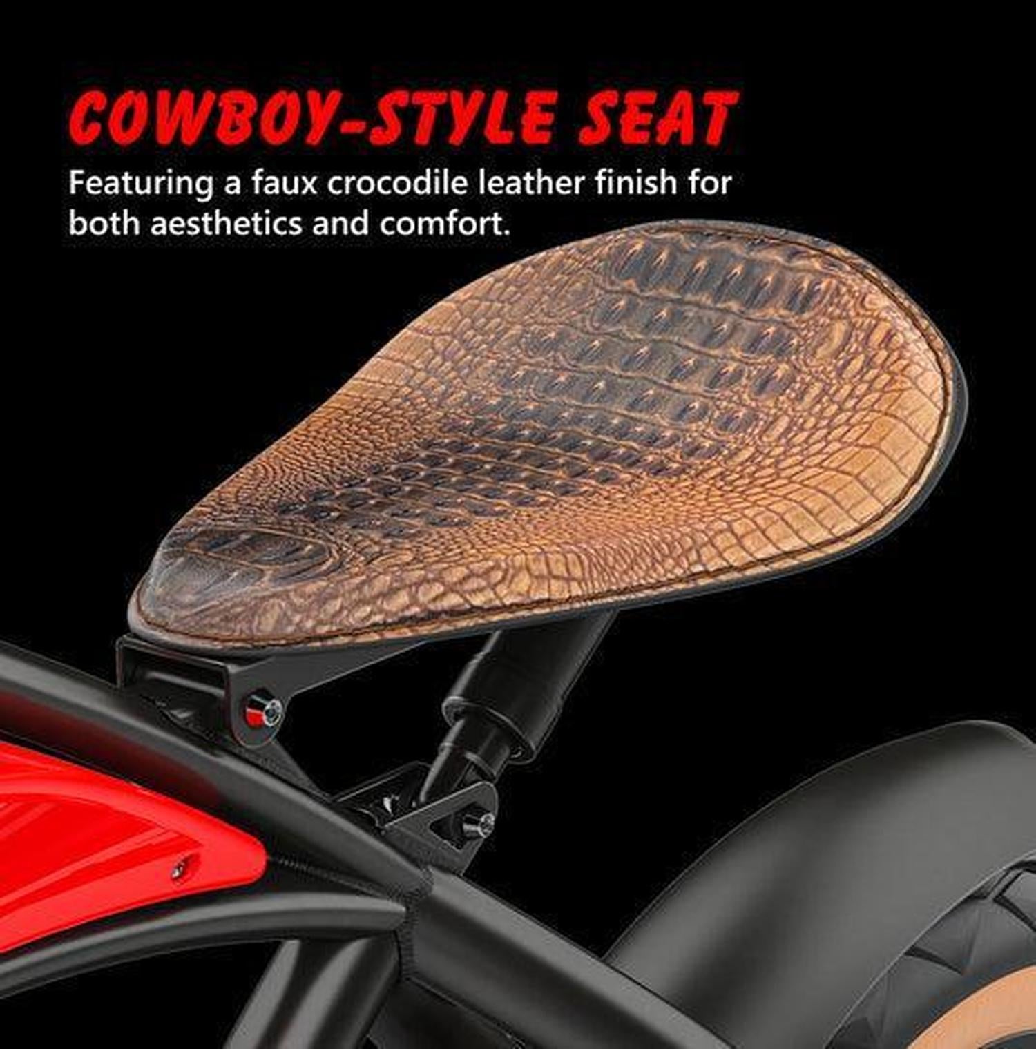 Cowboy-style seat with faux crocodile leather finish on a motorcycle, featuring text about aesthetics and comfort.