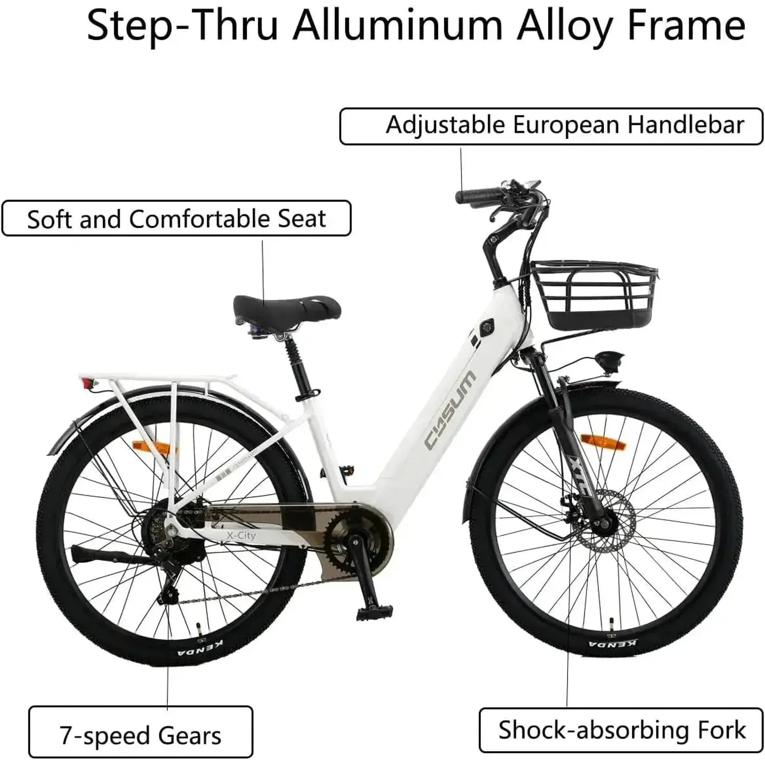 CYSUM X City Step Through Electric Bike with Rear Rack and Mudguards up to 25 Km/h