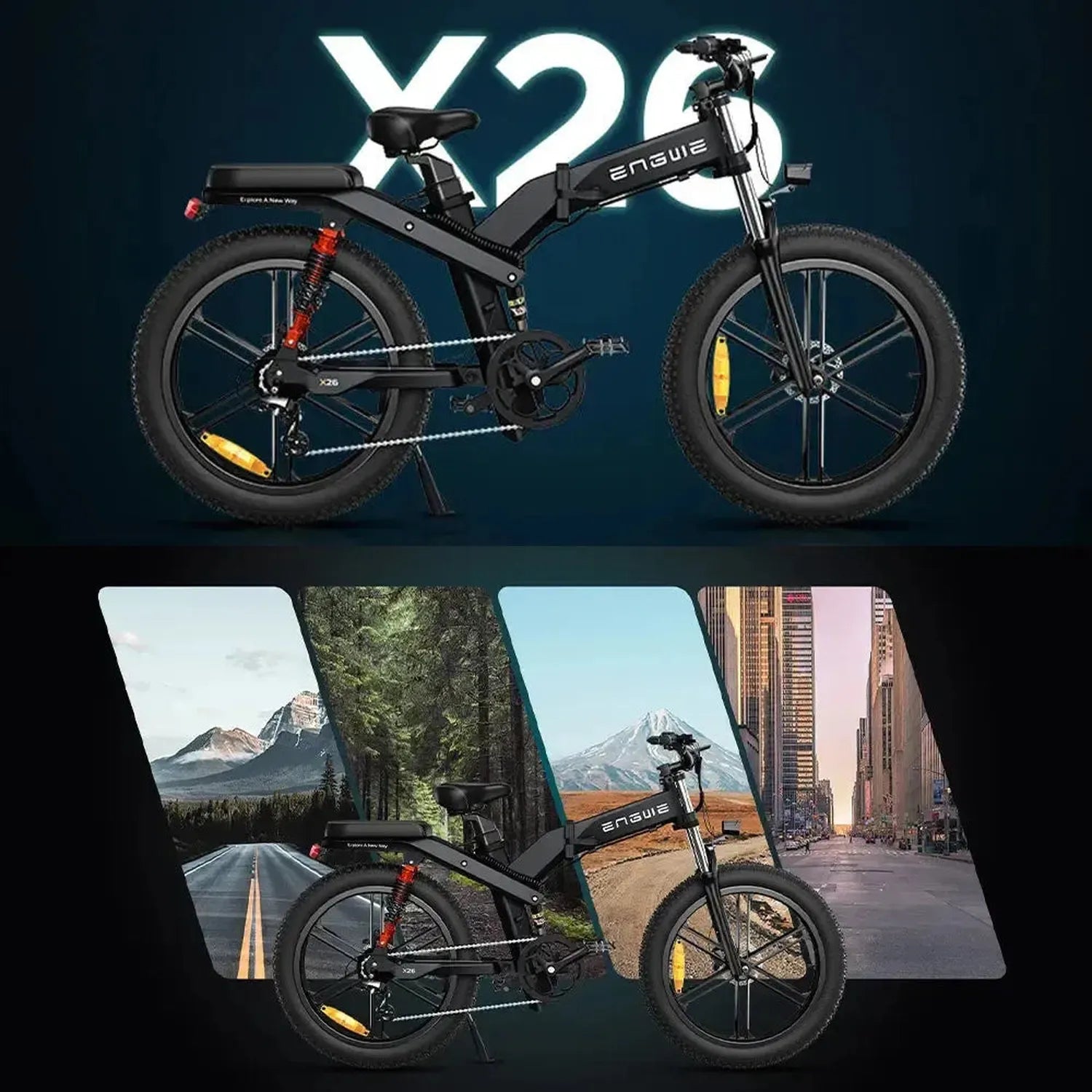 ENGWE X26 Foldable Electric Bike Fat Tyre Dual Battery Long Range up to 50 Km/h