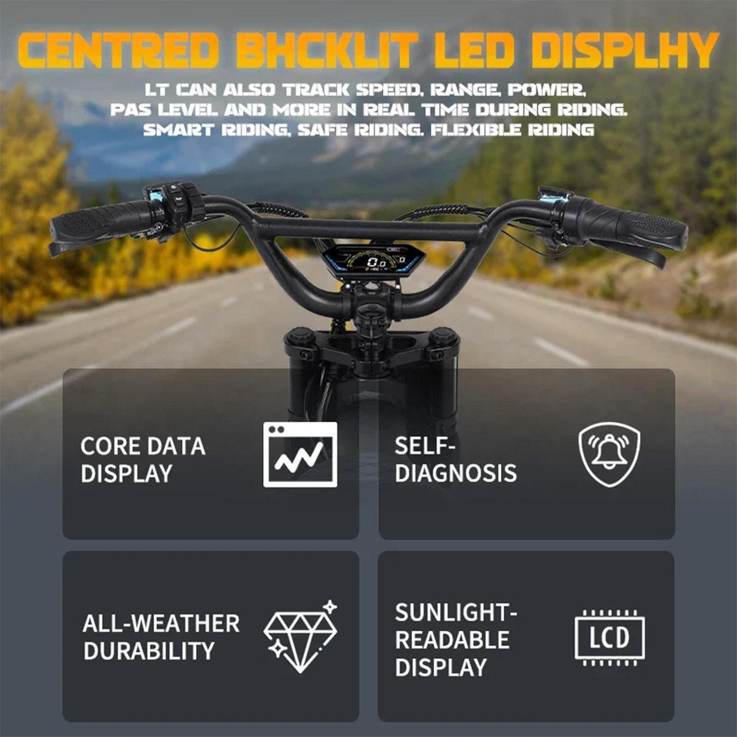 Bicycle handlebar with digital display and features listed on a scenic road background