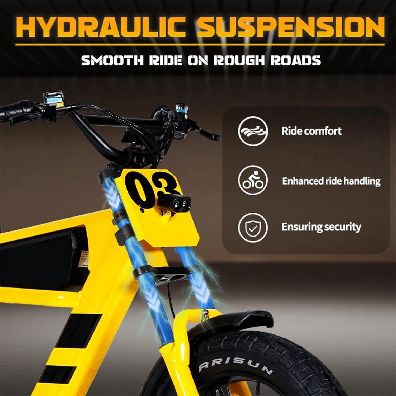 Yellow electric bike with hydraulic suspension features on a dark background