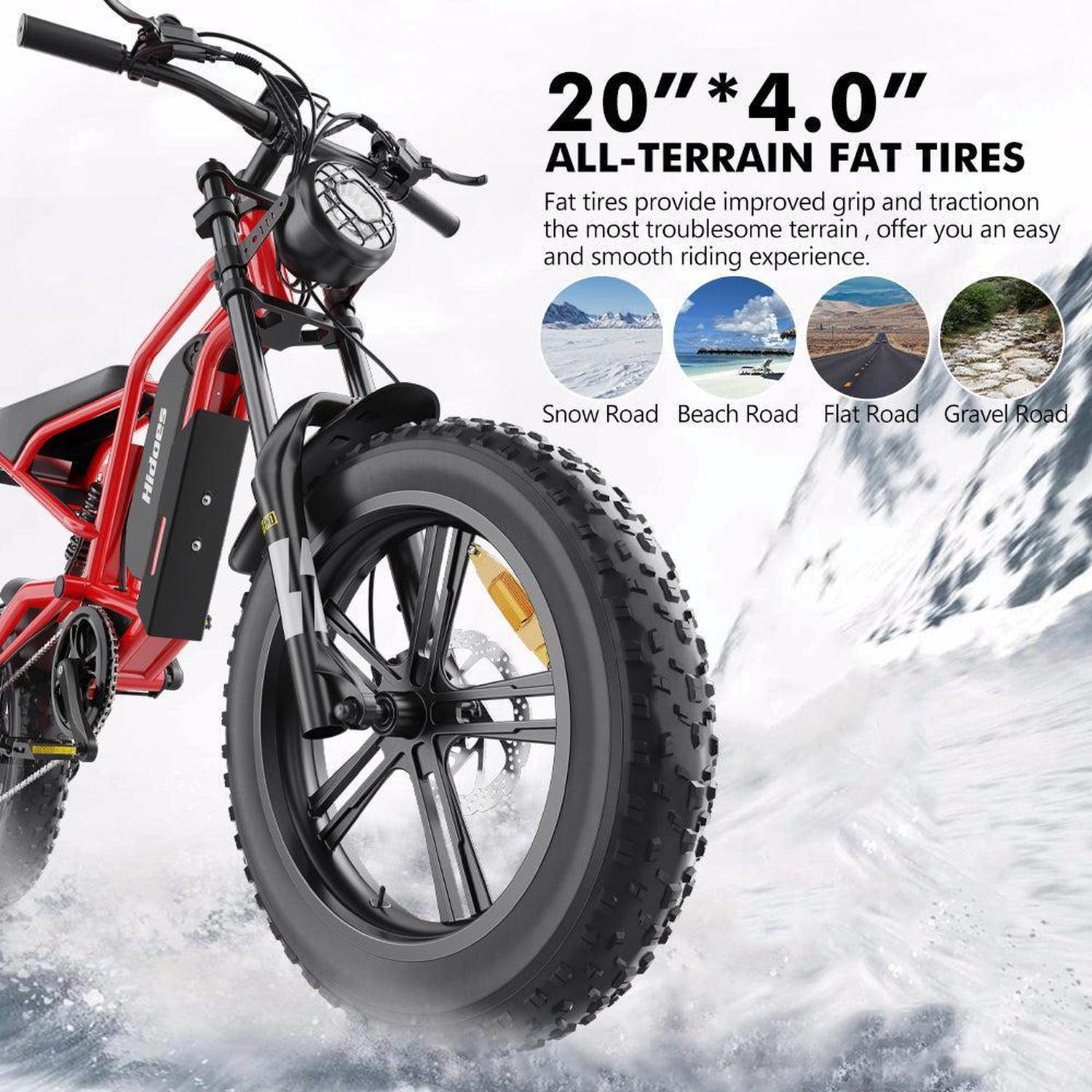 Electric bike with large tires on a snowy background, featuring text about all-terrain fat tires.