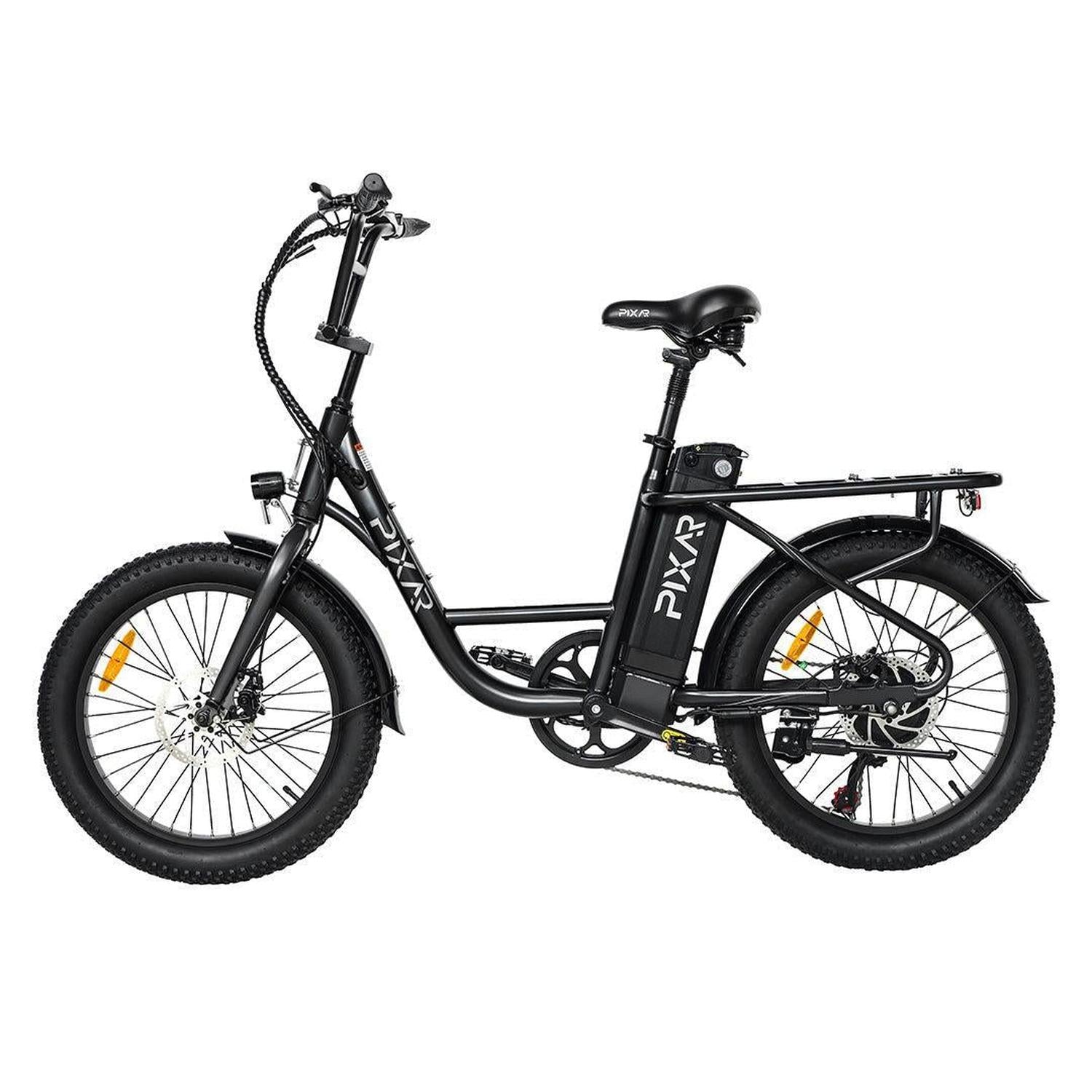 Black electric bike with 'PIXAR' branding on a white background