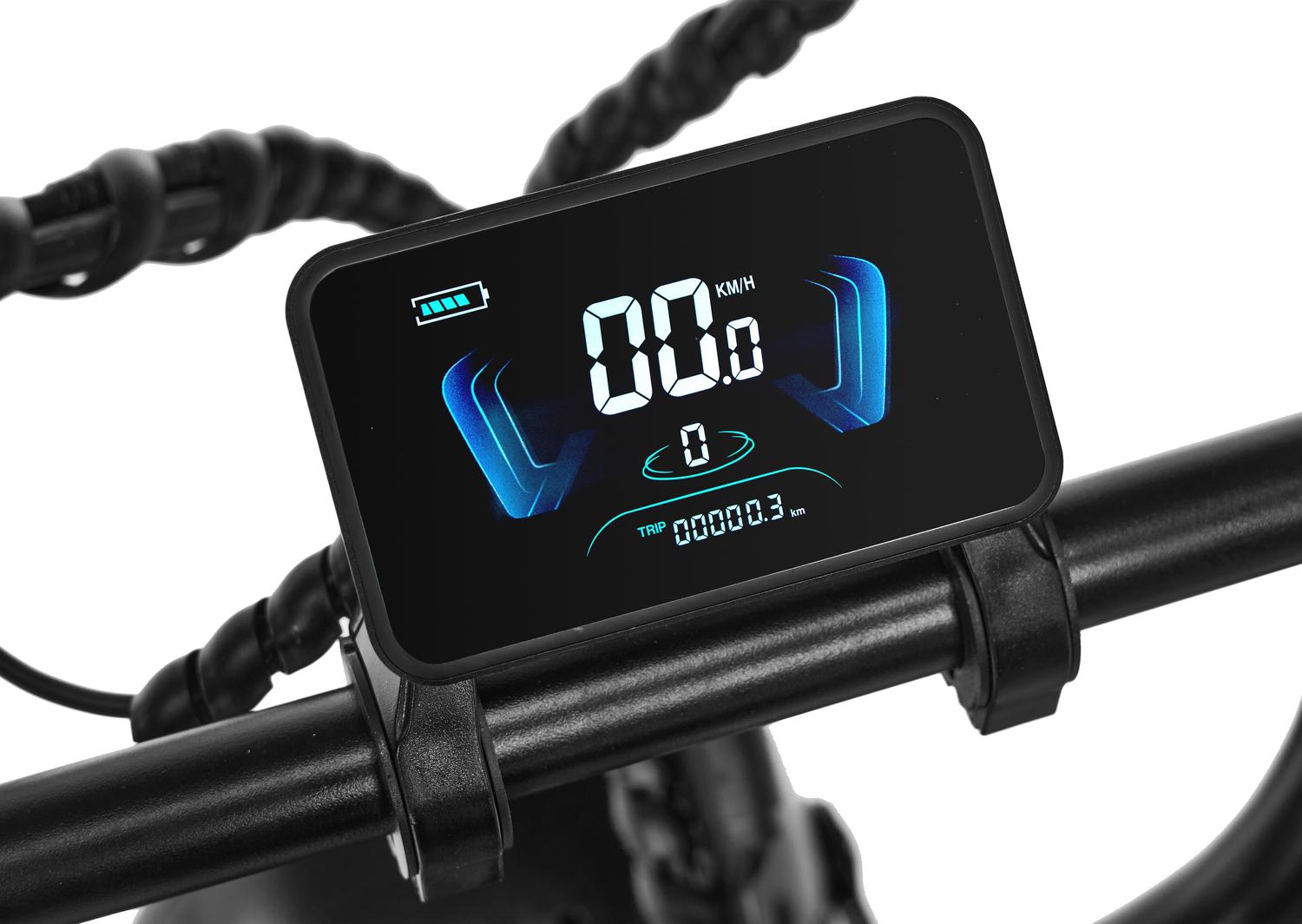 Digital display on a bike handlebar with blue and white text