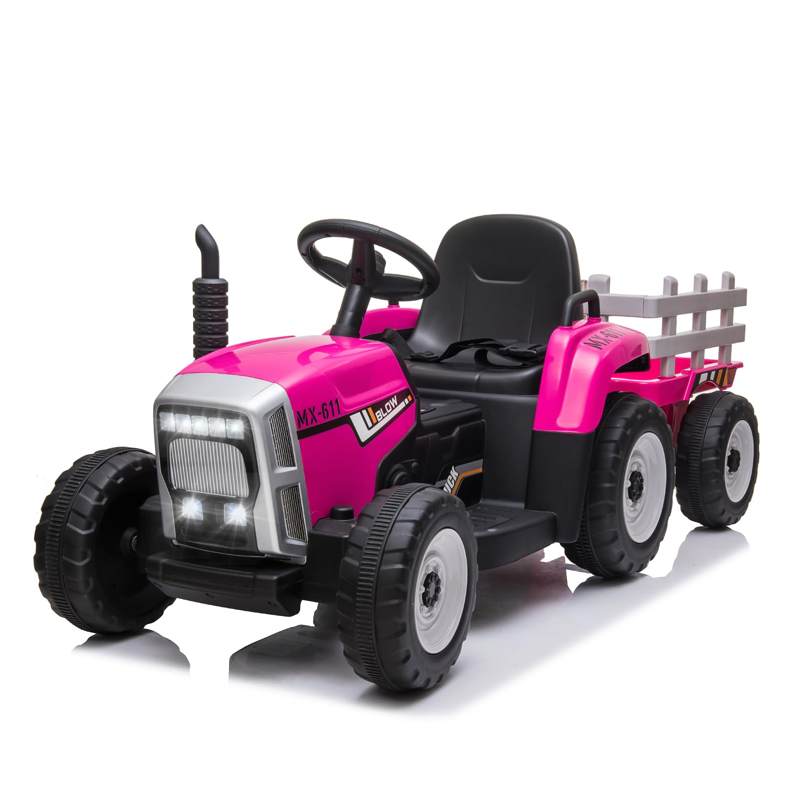 Pink Kids Ride On Tractor with Trailer – 12V Remote Control, Music & LED Lights