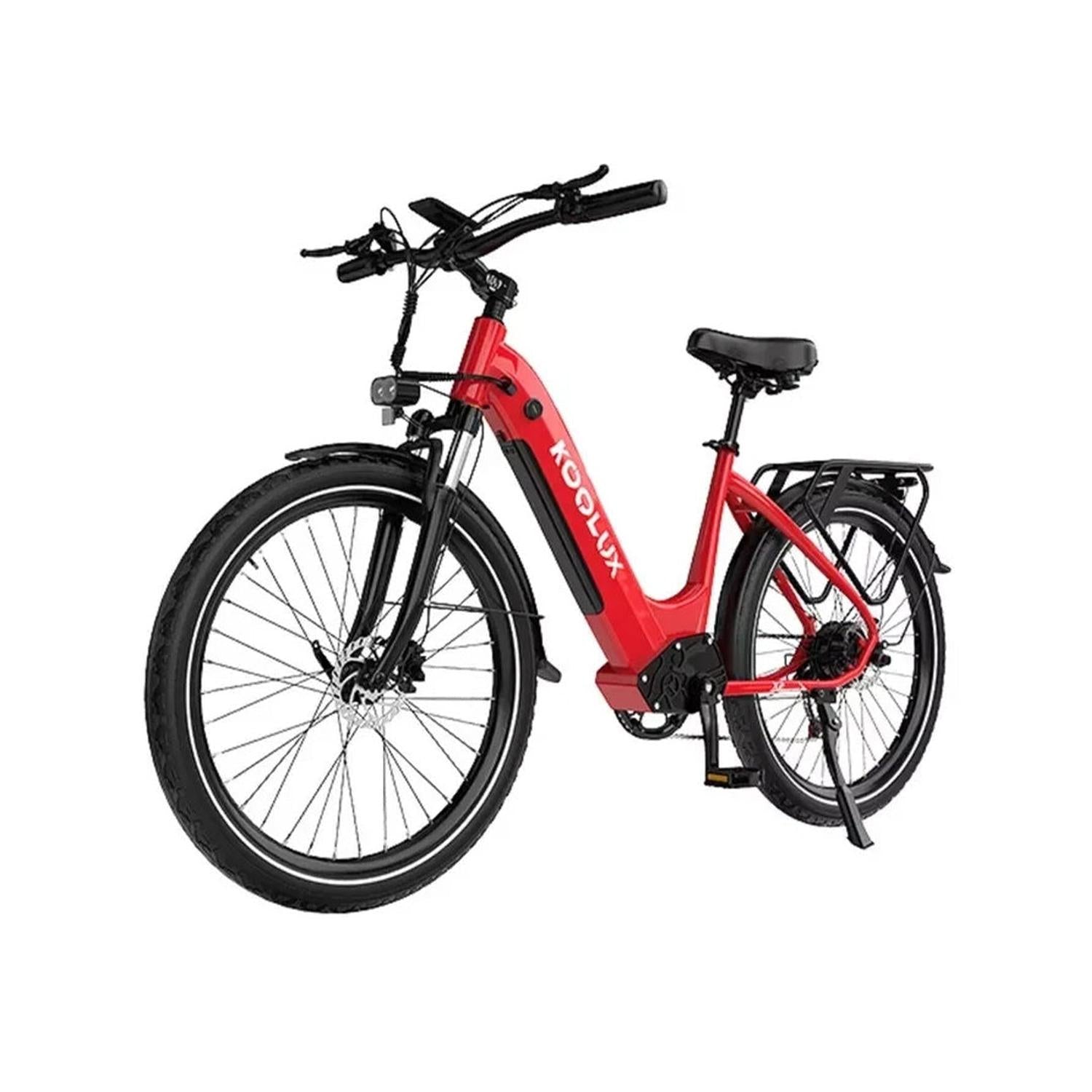 Red electric bike with black frame and tires on a white background