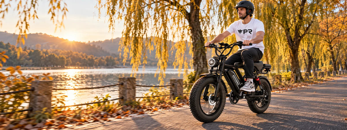 A helmeted rider wearing a white Punk Ride logo T-shirt rides the AOVOPRO AP20 / QLAWAY Electric Bike in an autumn setting. Desktop collection banner.