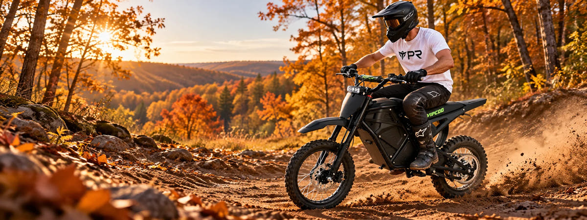 A helmeted rider wearing a white Punk Ride logo T-shirt rides the VIPCOO H3 Electric Dirt Bike in an autumn setting. Desktop collection banner.