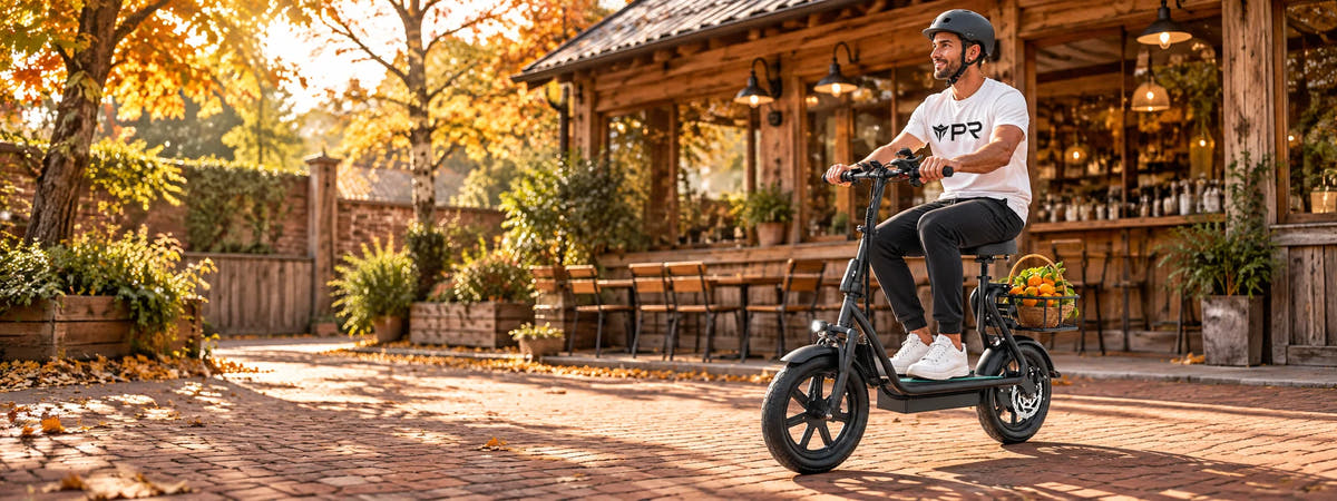 A helmeted rider wearing a white Punk Ride logo T-shirt rides the AOVOPRO ESBS Electric Scooter in an autumn setting. Desktop collection banner.