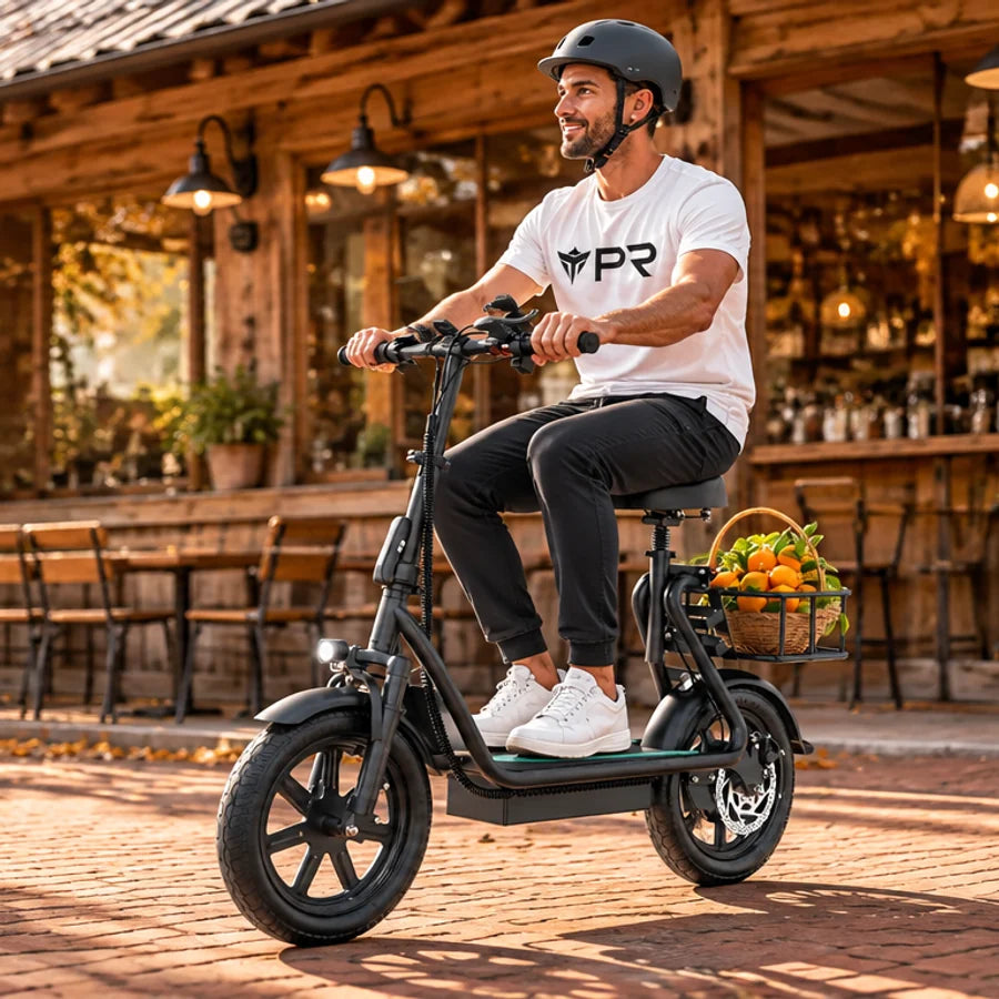 A helmeted rider wearing a white Punk Ride logo T-shirt rides the AOVOPRO ESBS Electric Scooter in an autumn setting. Mobile collection banner.