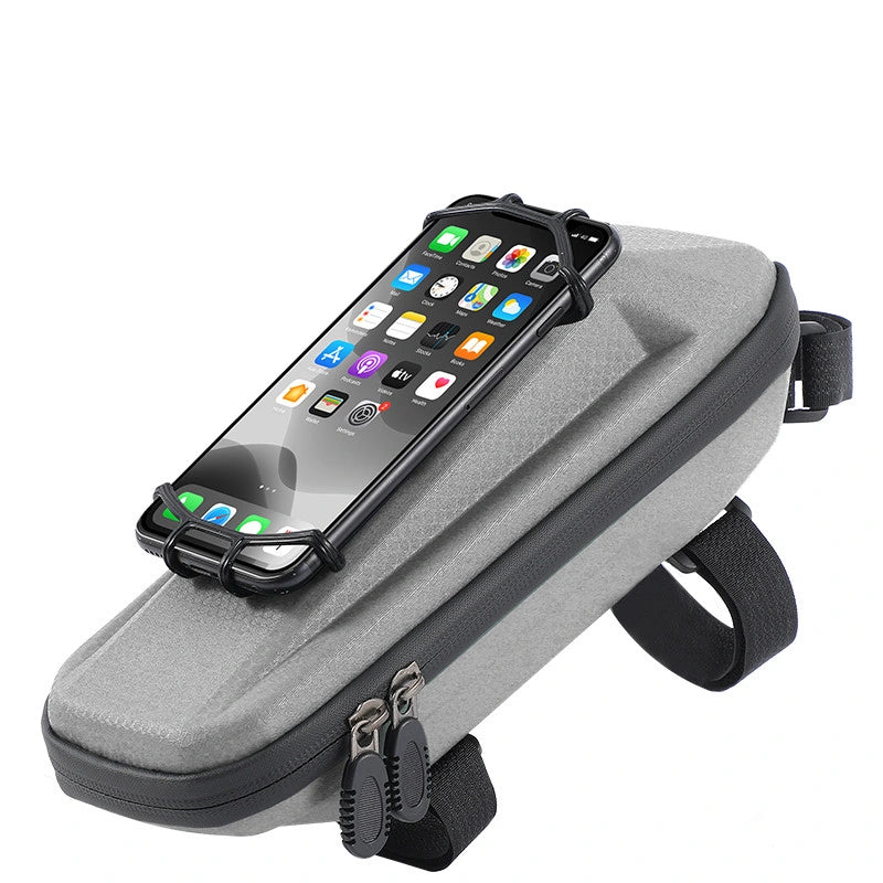 Grey Multifunctional Hard Shell Bicycle Top Tube Bag shown on white background
