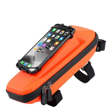Orange Multifunctional Hard Shell Bicycle Top Tube Bag on white background