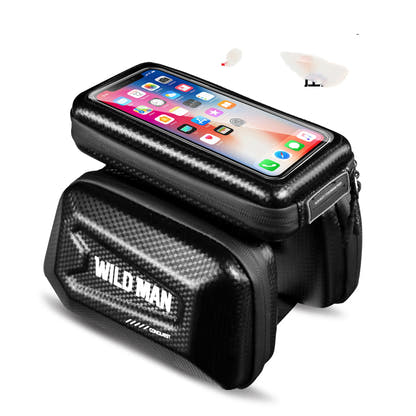 Black hard shell bicycle storage bag with illustrative phone