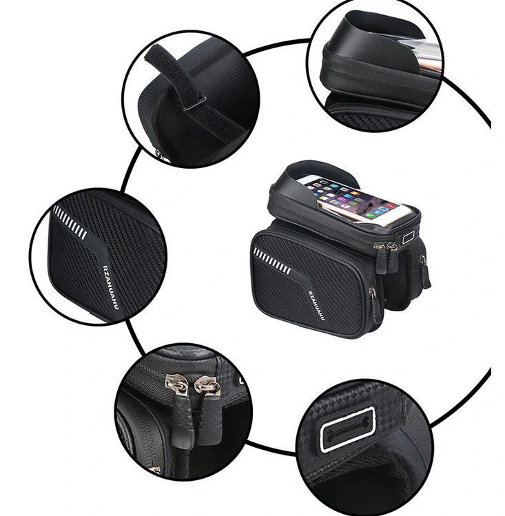 Black bicycle top tube phone bag with close-up details on white background