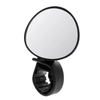 Black round bicycle rearview mirror and handlebar clamp on white background