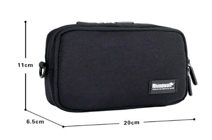 Black bicycle handlebar carry bag with supplier dimension labels
