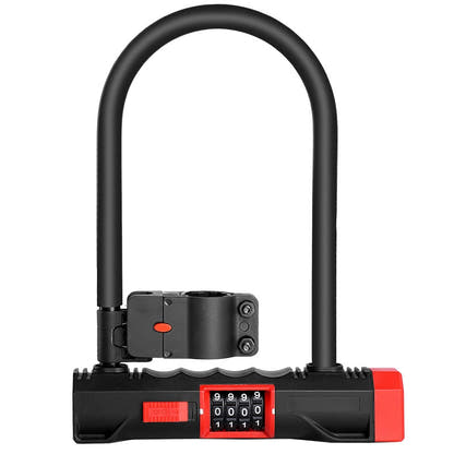 Black U-shaped combination bicycle lock on white background
