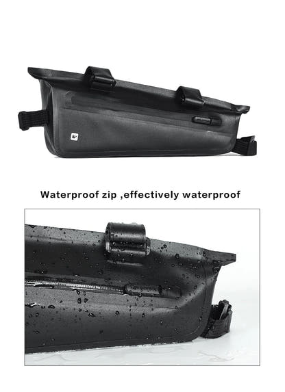 Black bicycle frame bag with close-up of zipper on white background