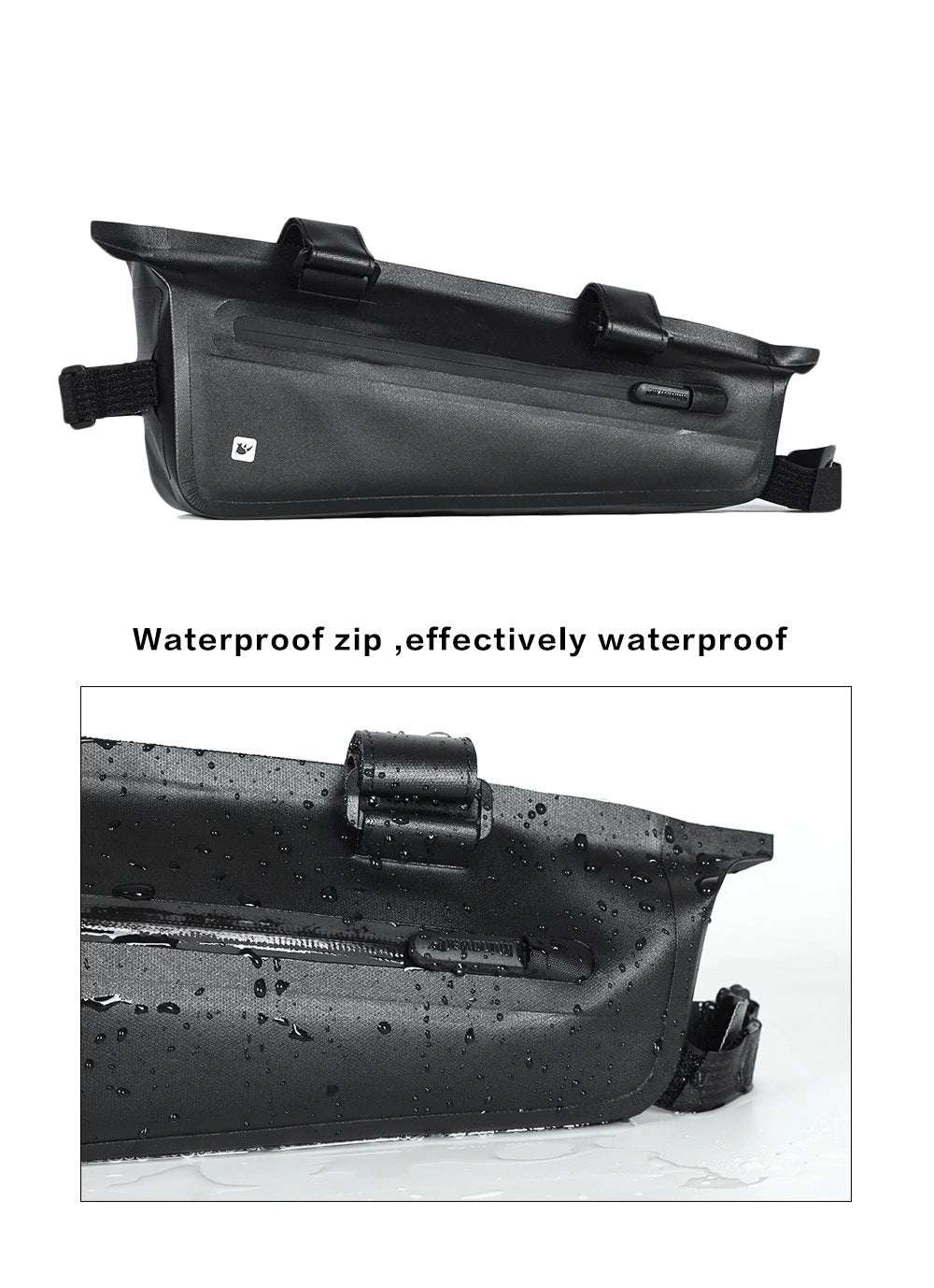 Black bicycle frame bag with close-up of zipper on white background