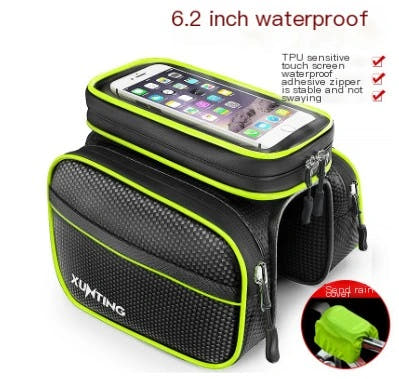 Black and green bicycle phone storage bag on white background