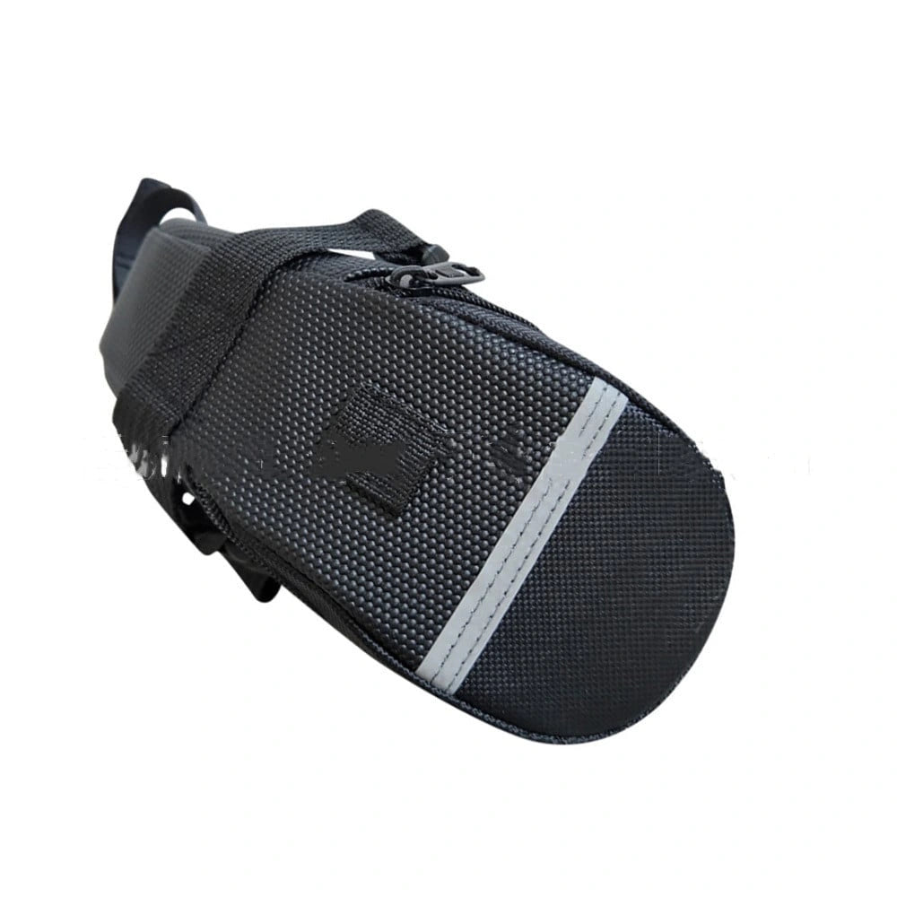 Black bicycle saddle bag with reflective strip on white background