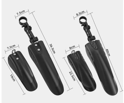 Black children's bicycle mudguard mounting options with measurement labels on white background