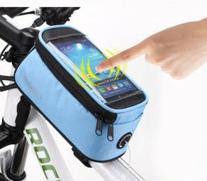Blue bicycle phone bag installed on bicycle — colour reference
