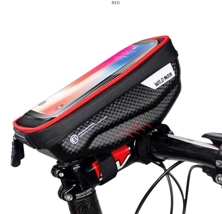 Red bicycle phone bag shown on a handlebar against white