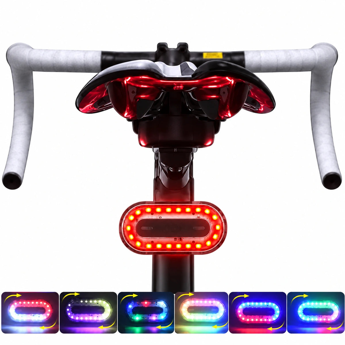 Bicycle rear light mounted below saddle with colour-option examples on white background