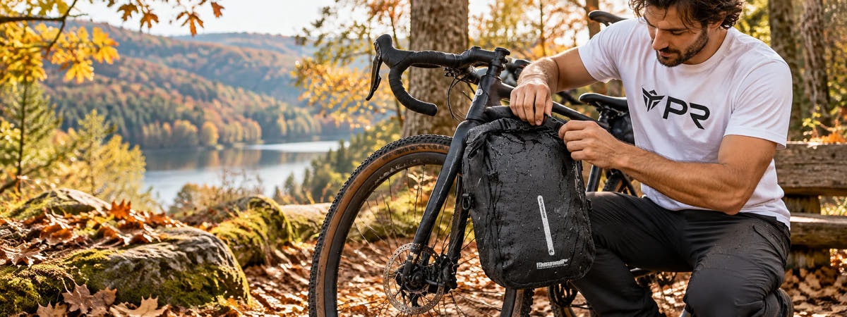 A person in a white Punk Ride logo T-shirt closing the roll top of the exact black 6 L Rhinowalk fork bag, attached low on a parked bicycle fork in an autumn setting. Desktop collection banner.