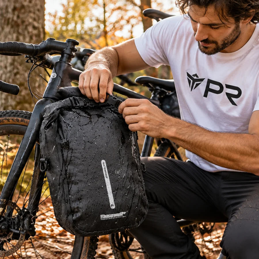 A person in a white Punk Ride logo T-shirt closing the roll top of the exact black 6 L Rhinowalk fork bag, attached low on a parked bicycle fork in an autumn setting. Mobile collection banner.