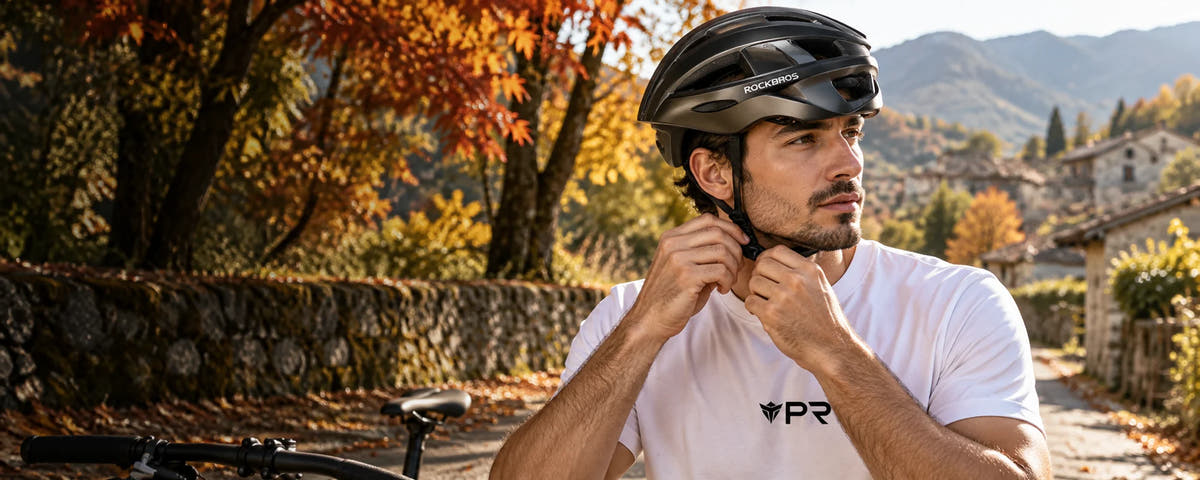 Rider in a white Punk Ride T-shirt adjusting a black ROCKBROS helmet on an autumn village cycle path.