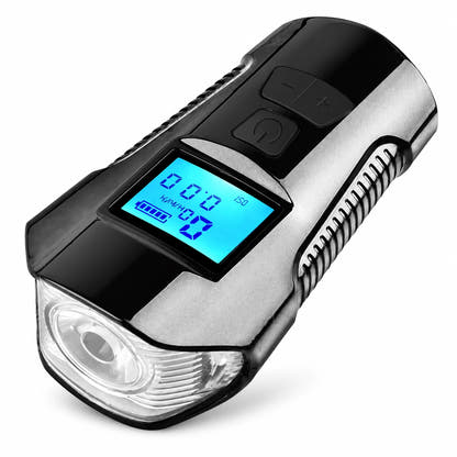 USB rechargeable front bicycle light with blue cycle-computer display on white background