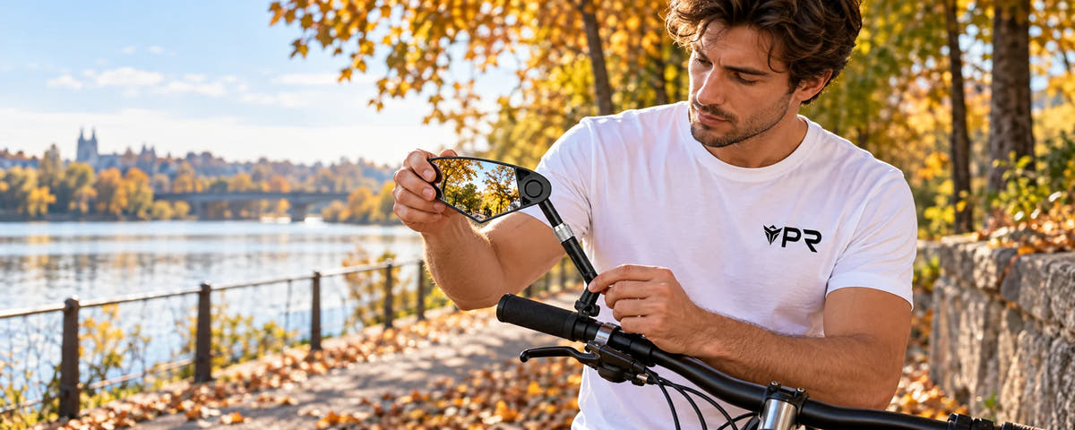 Rider in a white Punk Ride T-shirt adjusting an angular bicycle mirror beside an autumn riverside.