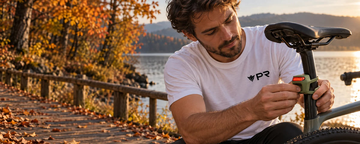 Rider in a white Punk Ride T-shirt fitting an olive Knog Frog rear light to a bicycle seatpost beside an autumn lake.