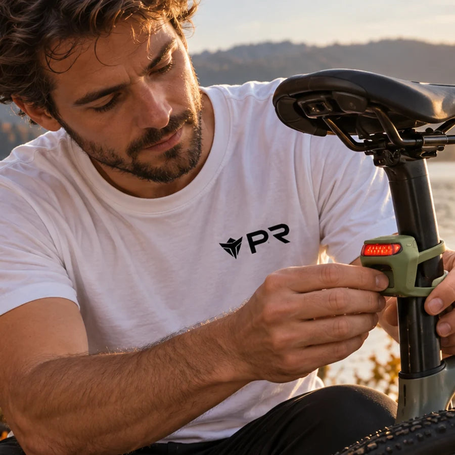 Rider in a white Punk Ride T-shirt fitting an olive Knog Frog rear light to a bicycle seatpost beside an autumn lake.